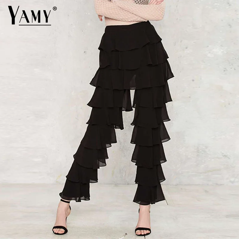 Vintage mid waist tiered black ruffle pants women korean