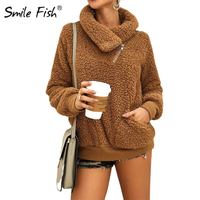 

Solid Fleece Pullovers Streetwear Long Sleeve Turtleneck Zipper Sweatshirts 2019 New Autumn Hoodies Shirts Hoody Pockets GV722
