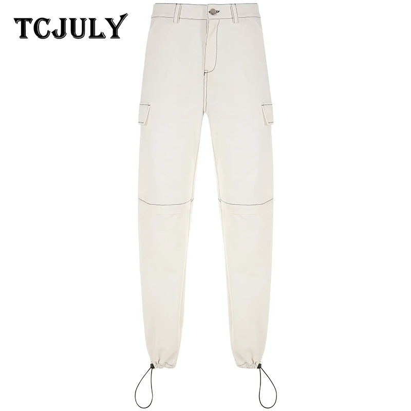 TCJULY Мода хлопок белые женские брюки-карго Высокая талия яркая линия прямые брюки Уличная Повседневная Длинные брюки