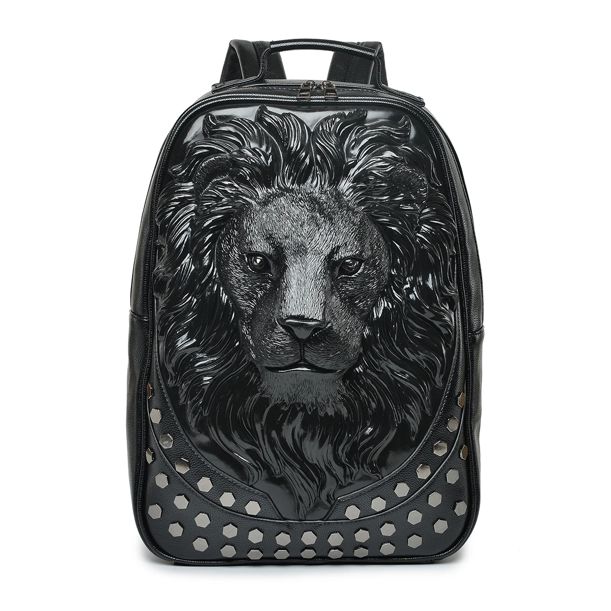 Для мужчин рюкзак из мягкой кожи 3D тиснением голова льва с заклепками Gother путешествия в стиле панк-рок Для женщин рюкзак для ноутбука