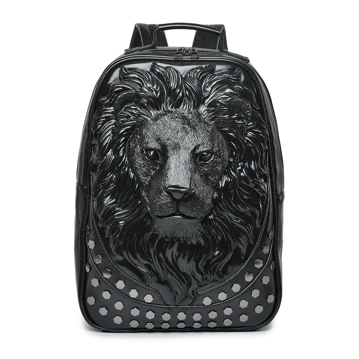 

Men Backpack Leather Soft 3D Embossed Lion Head Studded Rivet Gother Travel punk rock Women Backpack Laptop School Halloween Bag