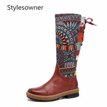 

Stylesowner Vintage Mid-calf Boots Women Shoes Bohemian Retro Genuine Leather Motorcycle Boots Printed Side Zipper Back Lace Up