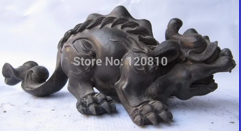 

4 Chinese superb Pure bronze Copper Carved Evil beast Foo Dog Lion Statue