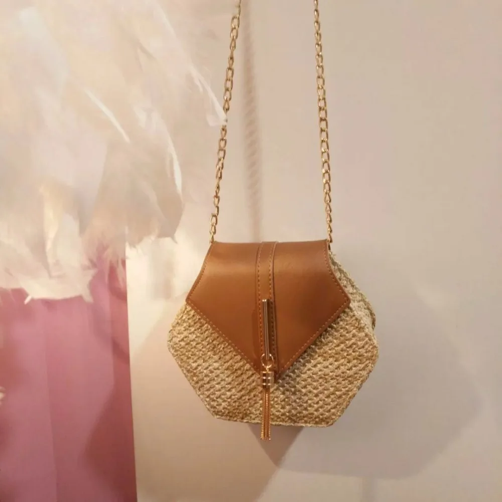 Шестиугольник Mulit стиль солома+ кожаная сумка женская летняя ротанговая сумка ручной работы тканая пляжная круглая богемная сумка на плечо Новая мода