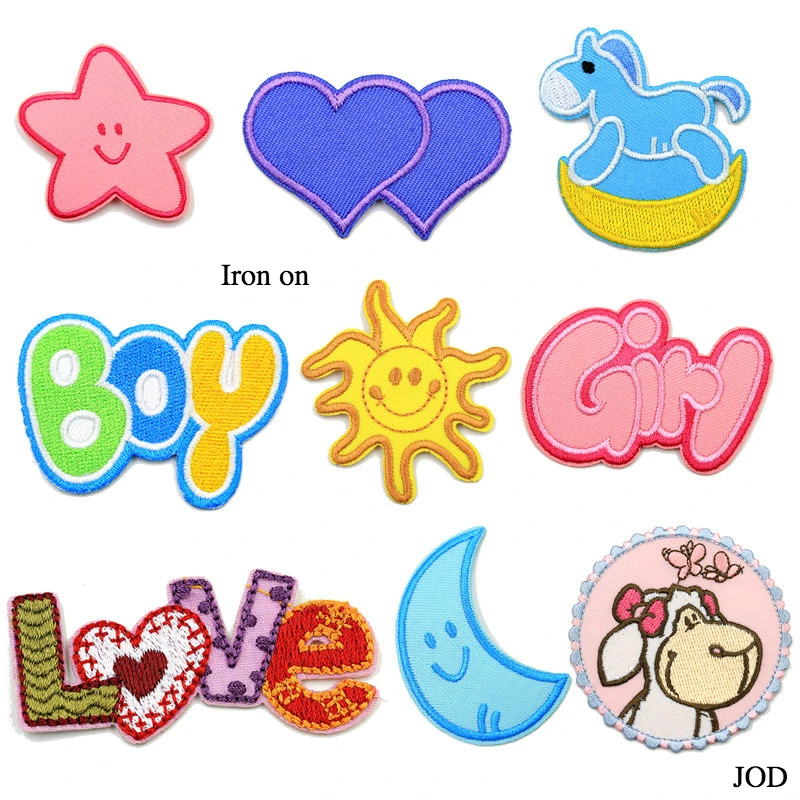

JOD Boy,girl,sun,heart,star,love,mon Patch Embroidery Iron on Brand Patch Craft Sewing Repair Cartoon Decorative Patches Decal