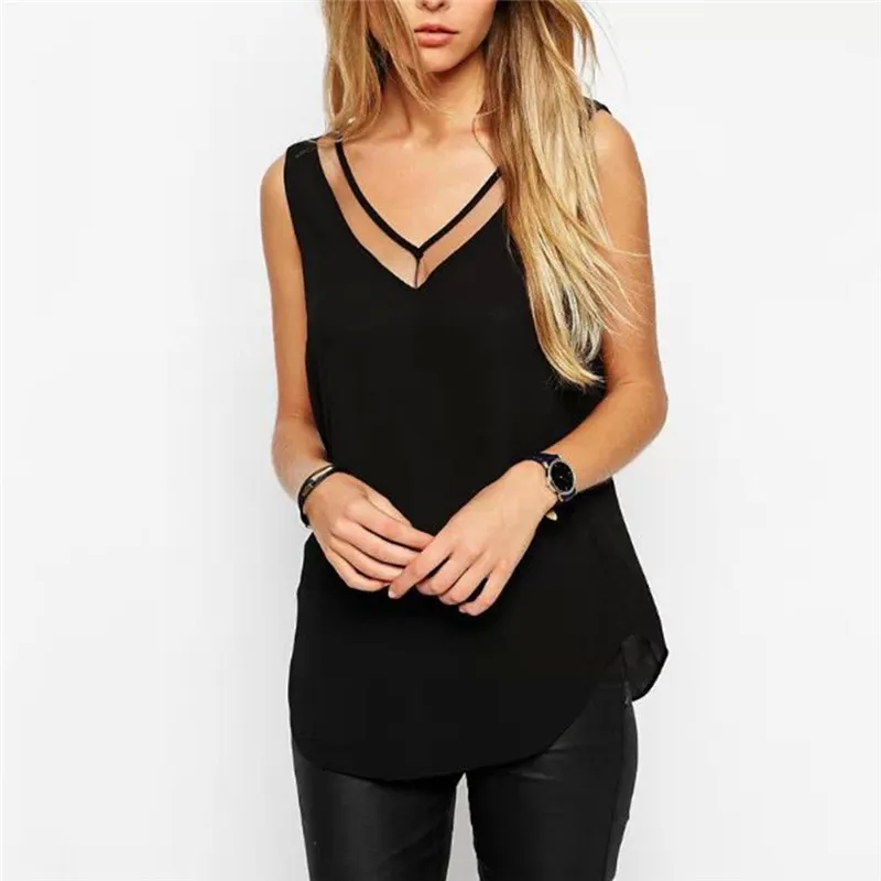 

Womens V-Neck Sleeveless Summer Tops and Blouses Vest Oversized See Through Chiffon Mesh Spliced Women Shirt #290740