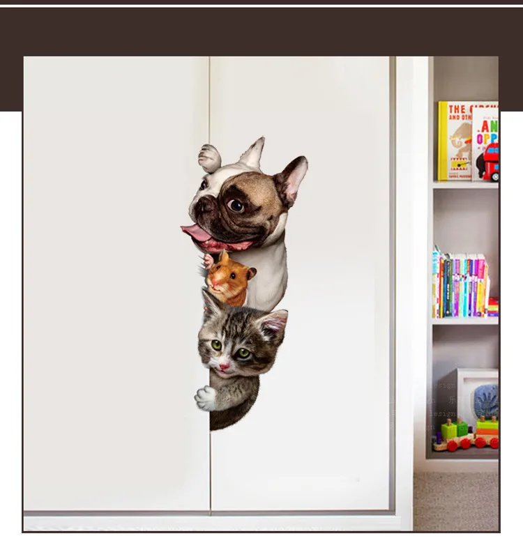 Милые Забавные 3D животные кошка собака двери наклейки на стену Съемная гостиная крыльцо спальня настенные наклейки животных Настенные обои художественные обои