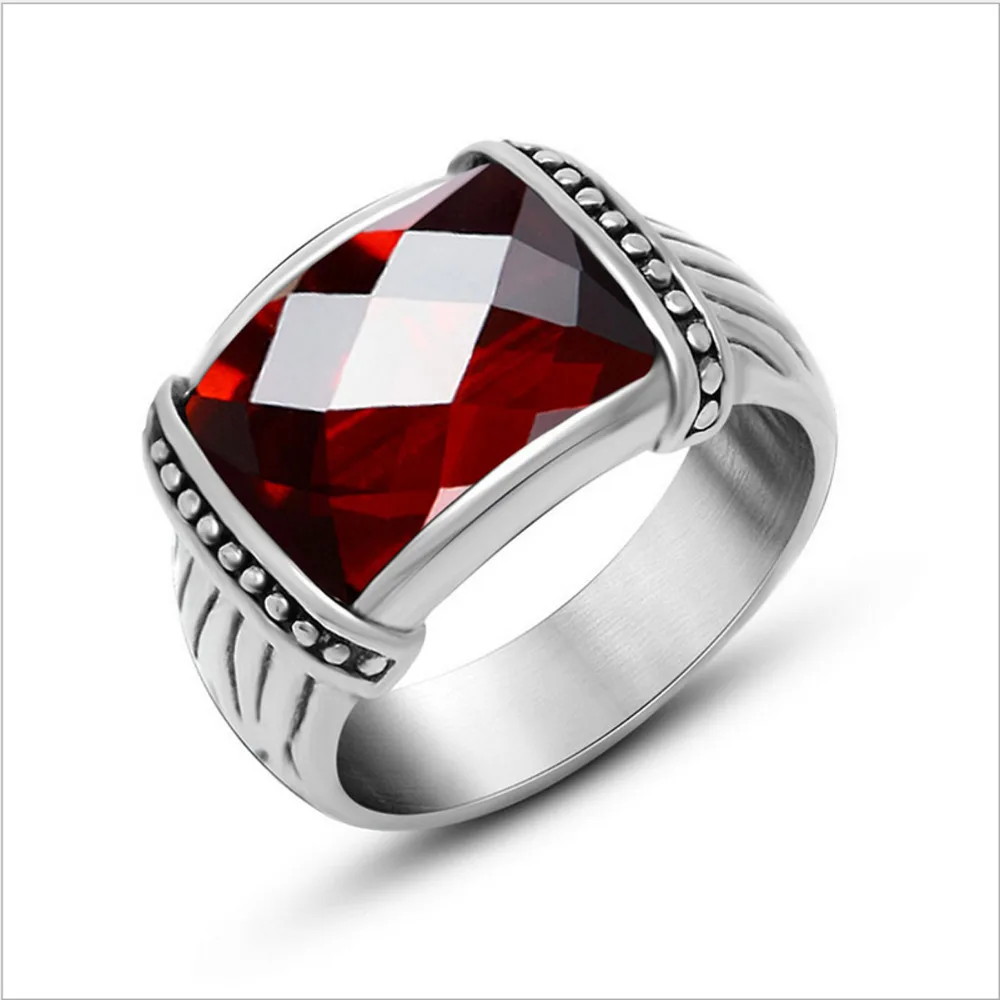 

Red Simulated Garnet Blue Sand Stone Retro Titanium Stainless Steel Ethnic Unisex Lovers' Couple Rings Men Jewelry Vintage Ring