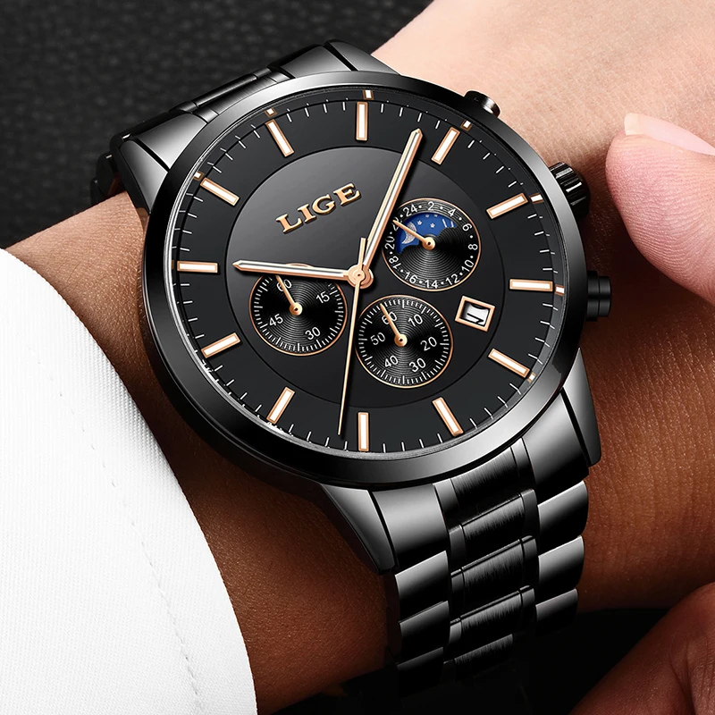 2019 LIGE Mens Watches Top Brand Luxury Male Fashion Sports Watch Men Black All Steel Waterproof Quartz Clock 24Hour Moon Phase