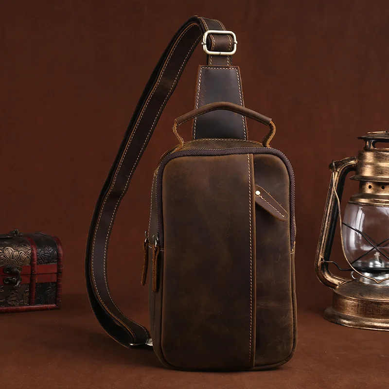 

Norbinus 100% Genuine Leather Men's Sling Chest Day Pack Back Male Vintage Casual Messenger Bags Cowhide Cross Body Shoulder Bag