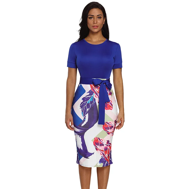 Blue-Bowknot-Short-Sleeve-Printed-Sheath-Dress-LC610096-5-4