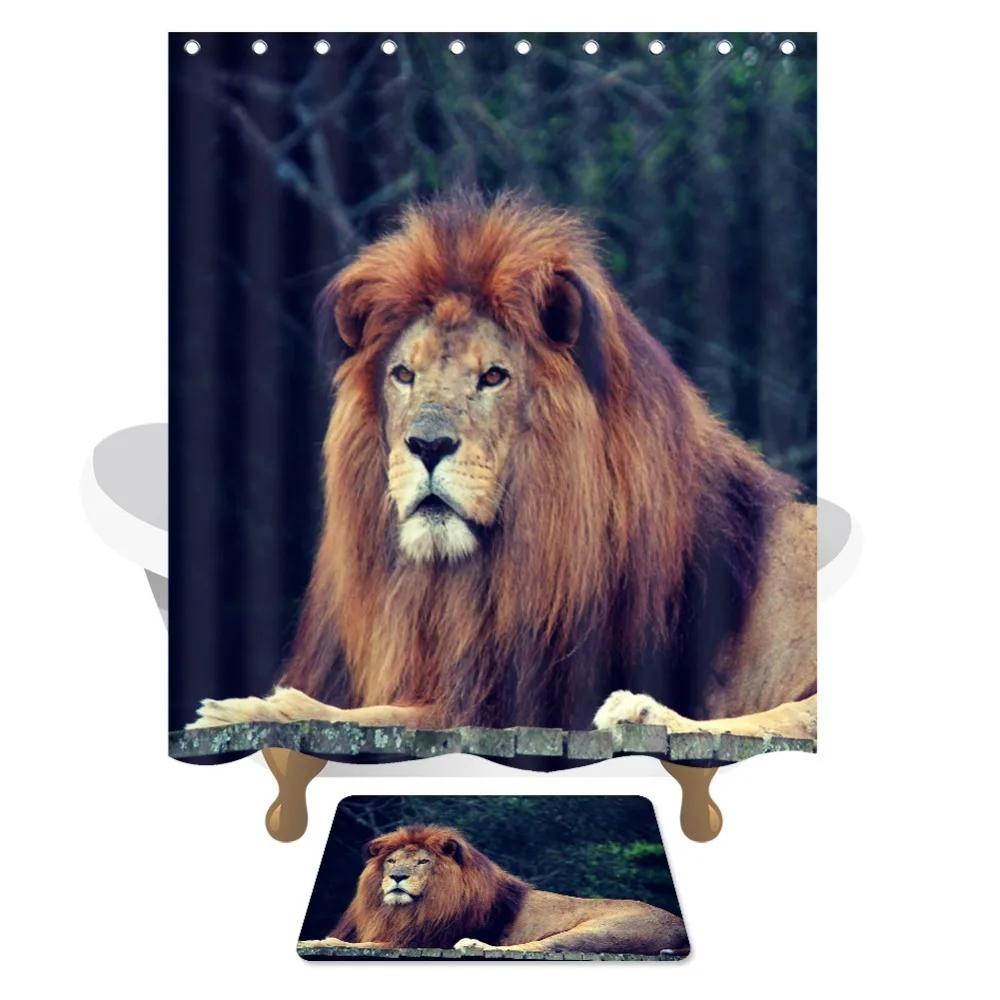 

180X150cm Waterproof Shower Curtain Set Lion Animal Designer Curtain Bath Mat Bathroom Home Decor with Hooks