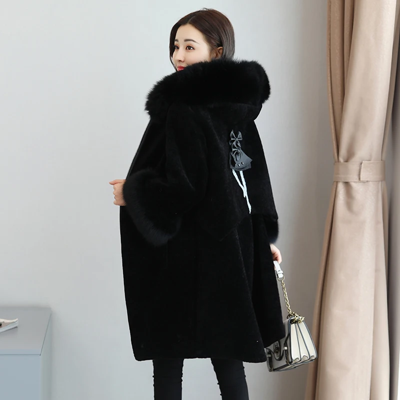 HANZANGL зимнее шерстяное пальто женское пальто из искусственного меха с длинным рукавом из лисьего меха с капюшоном теплая кашемировая куртка пальто розовый/черный