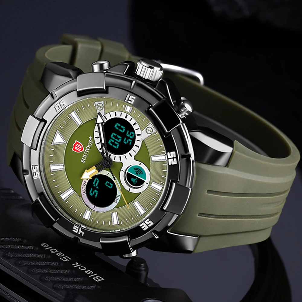 Sports Men's Quartz Watches Army Military Rubber Strap Digital Dual Display Watches Waterproof Male