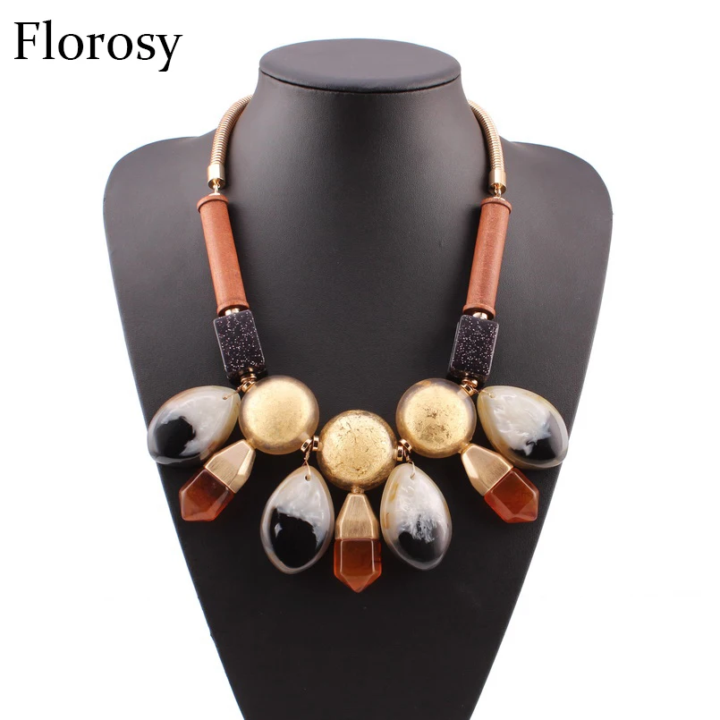 Gold Color Chain Big Chunky Necklace For Women Florosy Brand Jewelry Wood Resin Material Statement Pendant Necklace