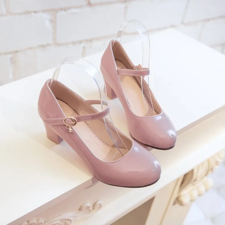 Новые женские туфли-лодочки на Высоком толстом каблуке размера плюс 34-48 Дамская обувь с ремешком на щиколотке Весенняя модельная повседневная обувь из лакированной кожи для вечеринок