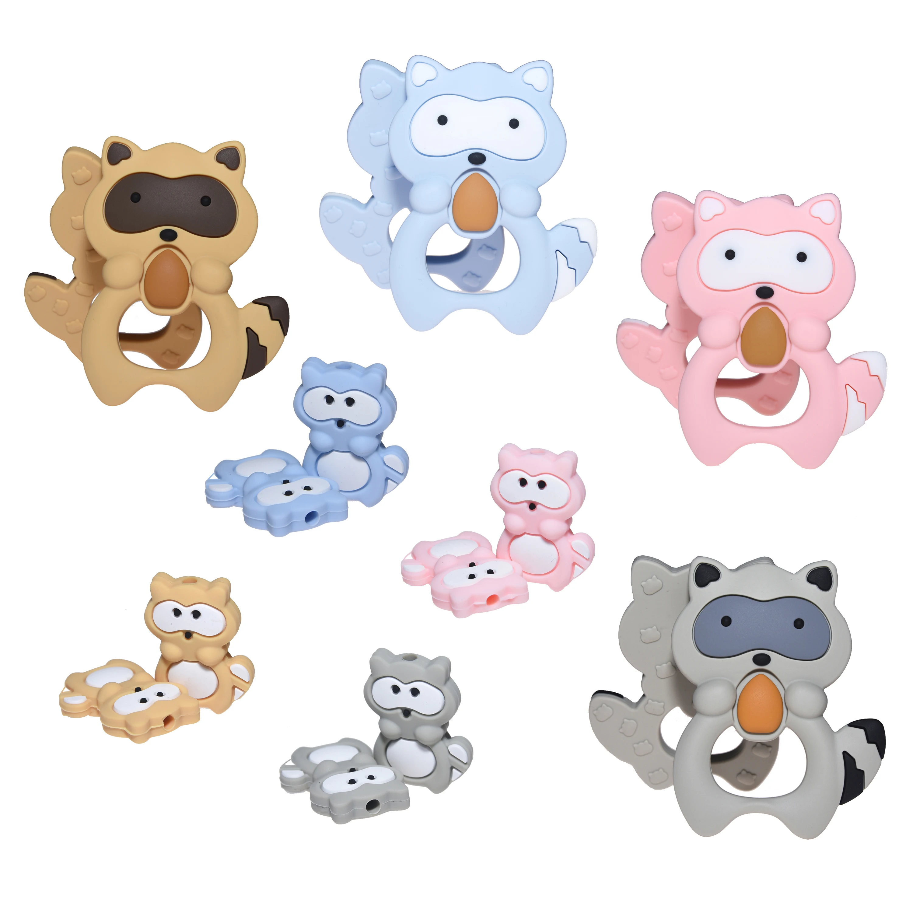 

Happyfriends Cute Silicone Raccoon Beads Teether Set Baby Teething Chew Pacifier Clip Chain Toy Accessories Baby Teethers