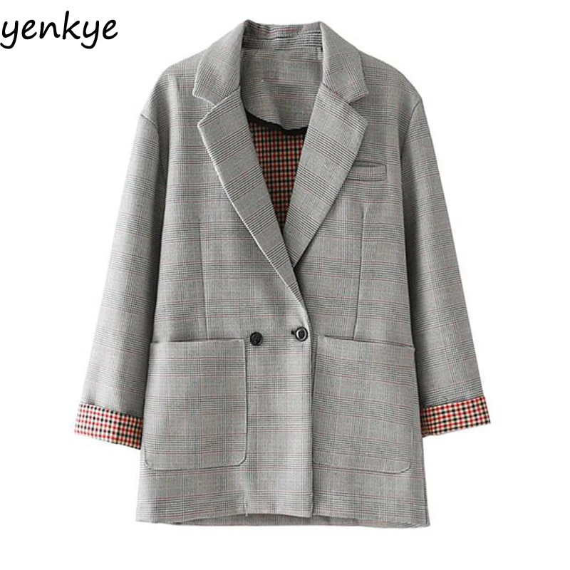 European Style Women Vintage Plaid Blazer Long Sleeve