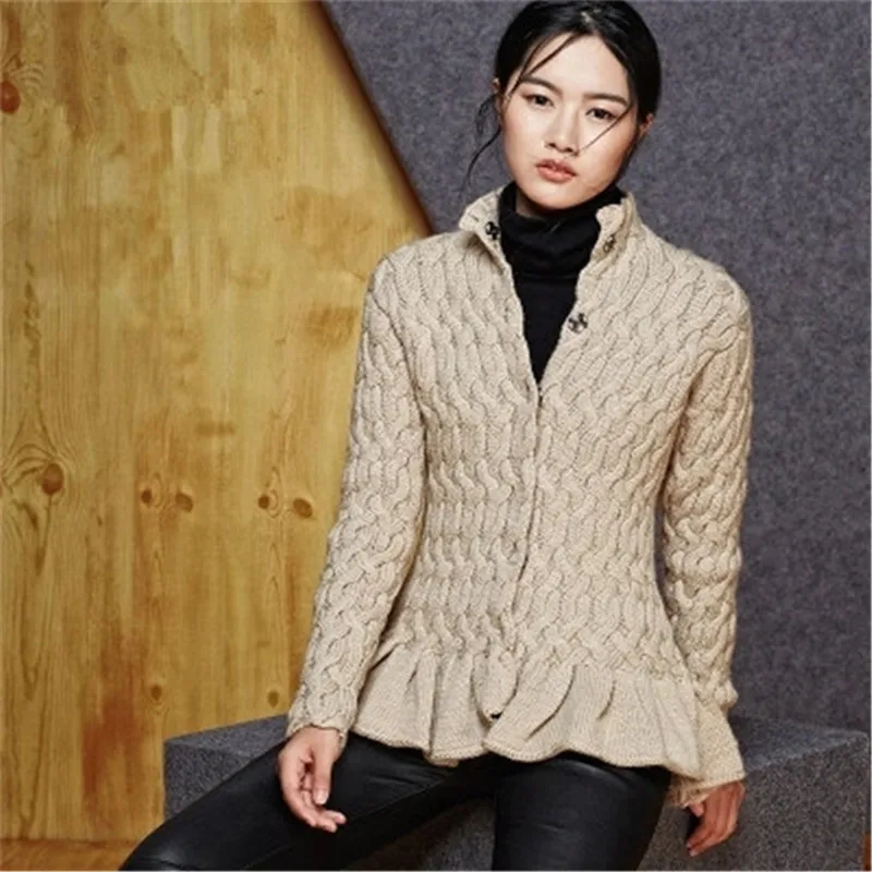  hand made pure wool thick knit women fashion solid stand collar loose single breasted cardigan swea