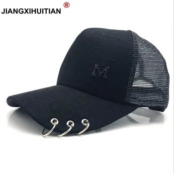 

2018 cute Metal Letter M Lron Ring Pink black Classic 3 Panel summer Women Baseball Cap Ladies Mesh Snapback girls Baseball Cap