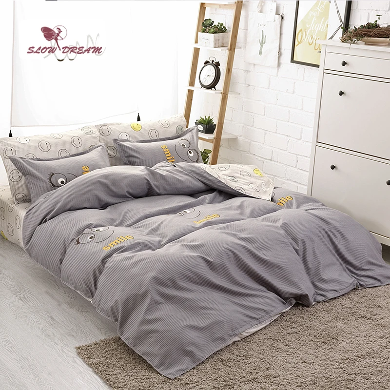 

SlowDream Smilery Face Bed Cover Set 3/4PCS Duvet Cover+Flat Sheet+Pillowcases Simple Style Bedclothes Decor Home Textiles Set