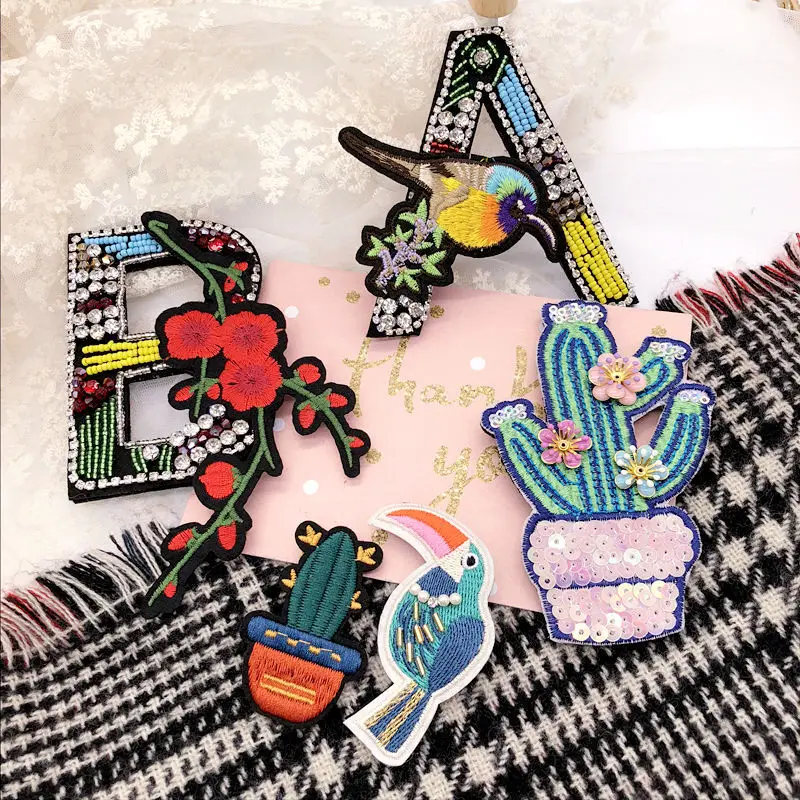 

Korea Handmade Sequins Embroidery Letter Bird Flower Cactus Badge Brooches Pins Fashion Jewelry For Woman Accessories-SWGWBH096F