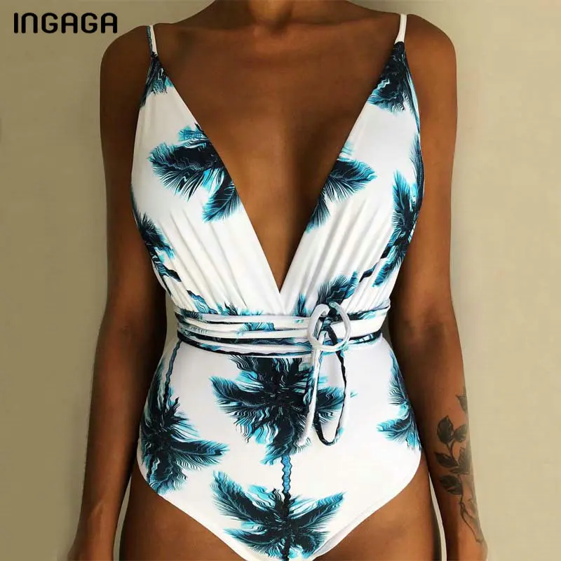 

INGAGA 2019 One Piece Swimsuit Sexy Plunging Swimwear Women Floral Printing Swimsuits Strap Bathing Suits Beachwear