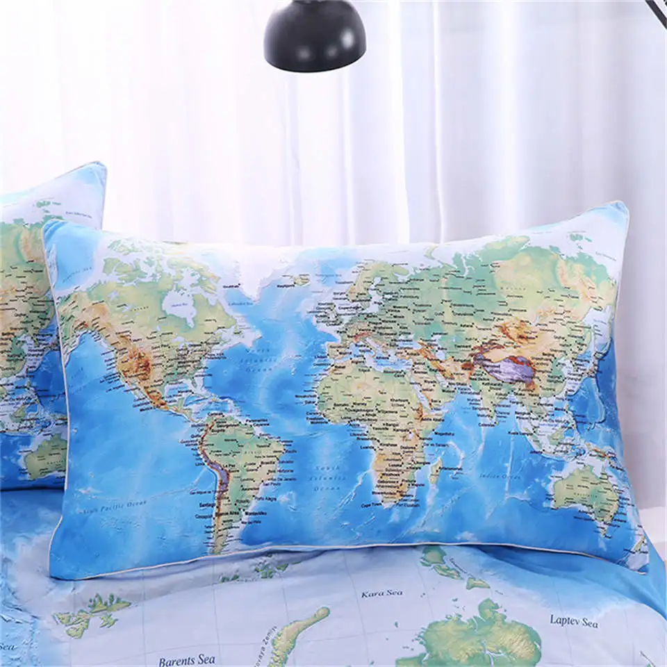 3 Pieces World Map Bedding Set Vivid Printed Blue Quilt Cover Set Super Soft Duvet Cover with Pillow Case For Gift