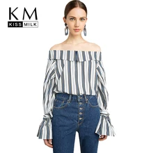 Kissmilk Plus Size 2018 Women Blue Striped Slash neck Shirt Large Size Butterfly Sleeve Casual Shirt Over Size Cold Shoulder Top light blue cold shoulder thin strap top