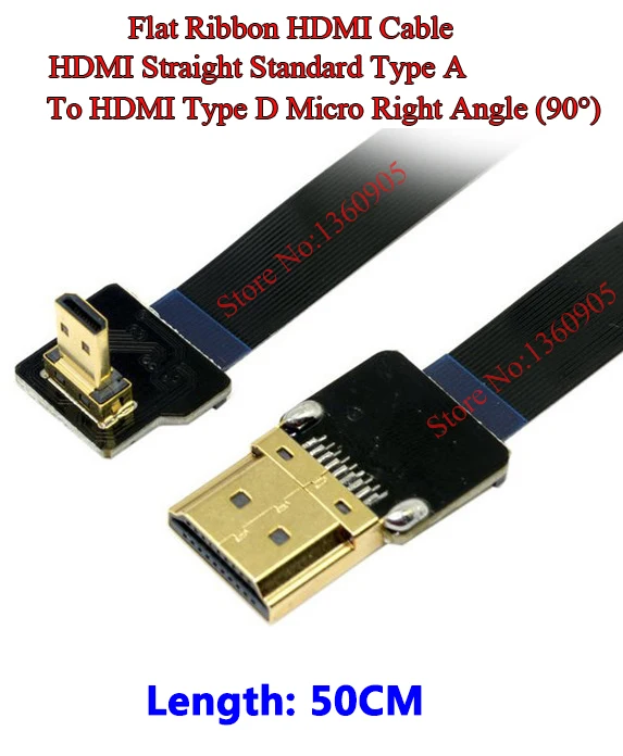 

50CM 19.6'' Ultra Thin HDMI Cable HDMI Type A straight to HDMI Micro right angle 90 degree flat ribbon cable CCTV Airplanes
