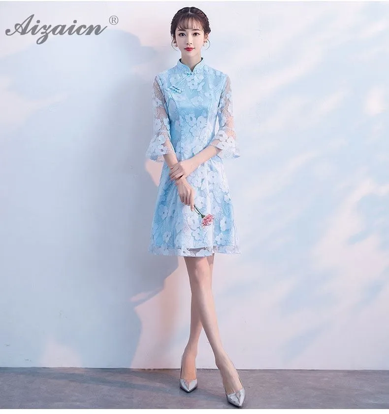 Модные короткие кружево элегантный Cheongsam платья для женщин китайское традиционное платье Qipao Восточный стиль для девочек подростко