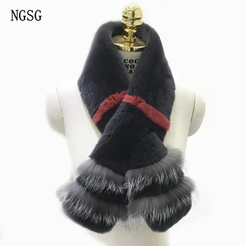 

NGSG Patchwork Real Fur Scarf Genuine Rex Rabbit Silvery Fox Fur Women Men Rectangle Striped Warm Long Winter Scarves WJ1217