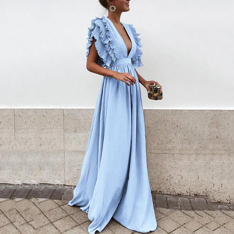 Fenghua Casual Plus Size Summer Dress Women 2018 Elegant Ruffles Long Party Dresses Female Sexy Deep V-Neck Wedding Maxi Dress