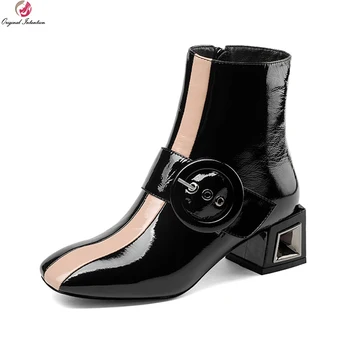 

Original Intention Fashion Women Ankle Boots Cow Leather Square Toe Square Heels Boots Stylish Black Shoes Woman US Size 4-10.5