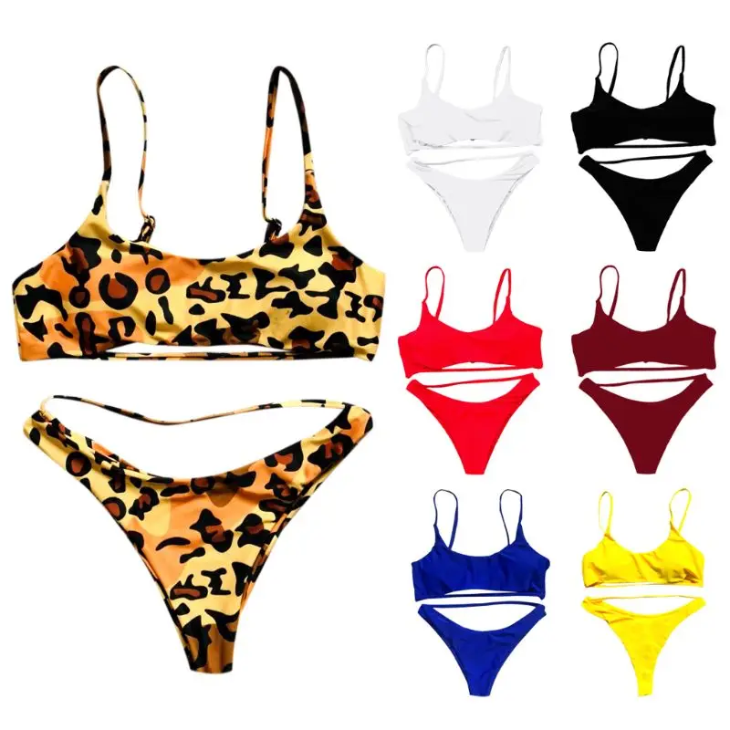 

7 Colors Womens Sexy Two Piece Bikini Set Spaghetti Straps Deep Scoop Neck Bra Low Waist Cut Out Thong Leopard Printed Solid Col