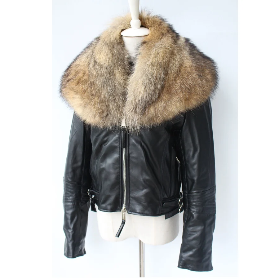 genuine sheepskin leather jacket with real big raccoon fur collar (2)