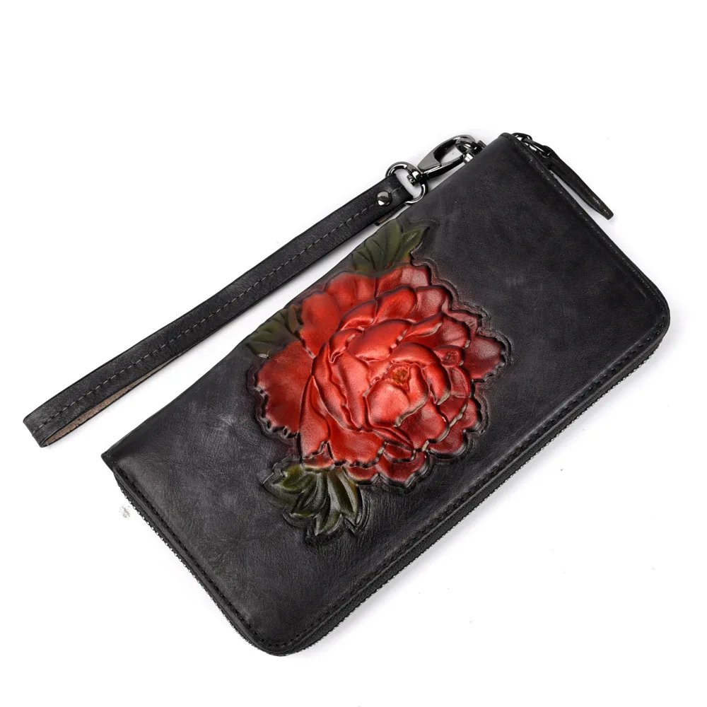Женский клатч из натуральной кожи, женский бумажник ретро, длинная удобная сумка на молнии, Цветочный тисненый ремешок, кошелек для денег, сумка для мобильного телефона