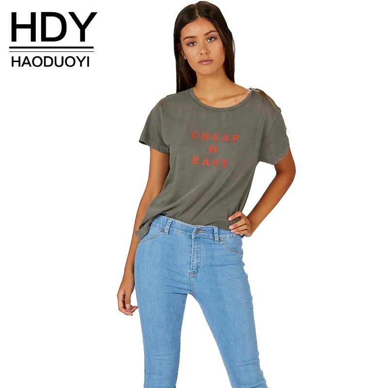 HDY Haoduoyi Summer Fashion Women Dark Grey Tops Brief Letter Printed Crew Neck Short Sleeve T Shirts Casual Basic T-Shirt