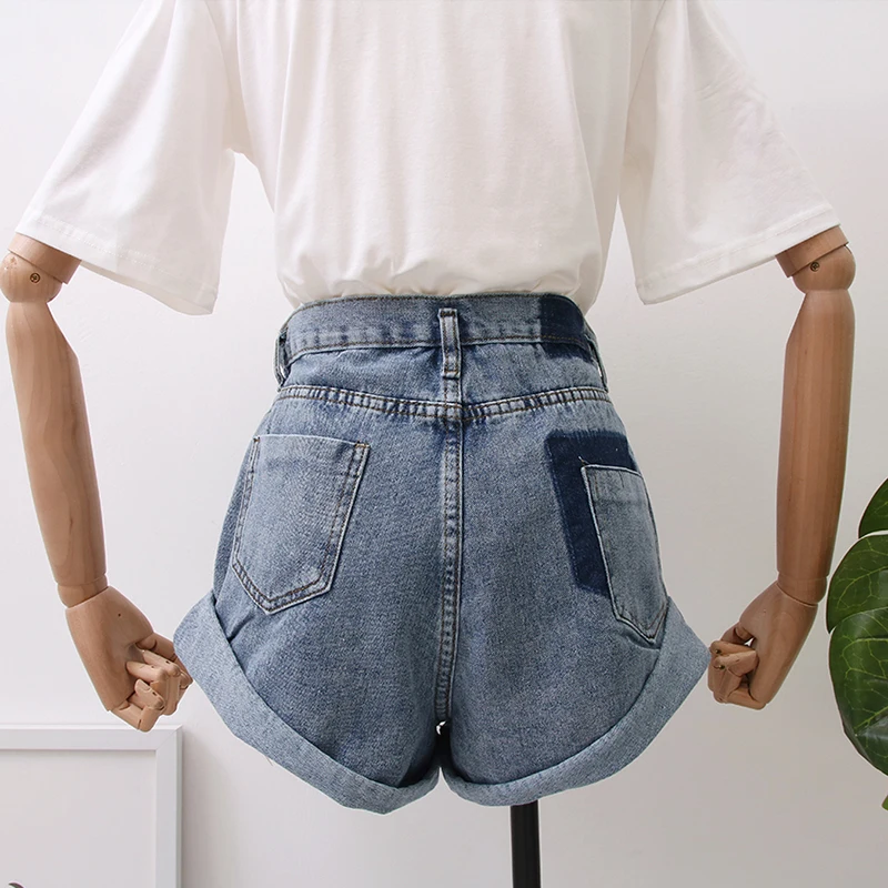Женские Плиссированные закругленные шорты модные шорты из денима женские джинсовые повседневные Шорты Высокая талия широкие джинсовые