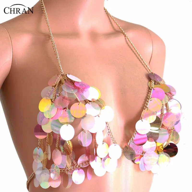Chran Bikini Mesh Pink Sequin Chain Bra Body Jewelry Sexy Showgirl Belly Dance Bra Festival Wear
