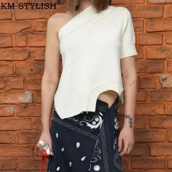 

2019 Spring and Summer New Irregular Knitted Bottoming Shirt Women's Slim Black & White Straight Shoulder Knit T-Shirt Top