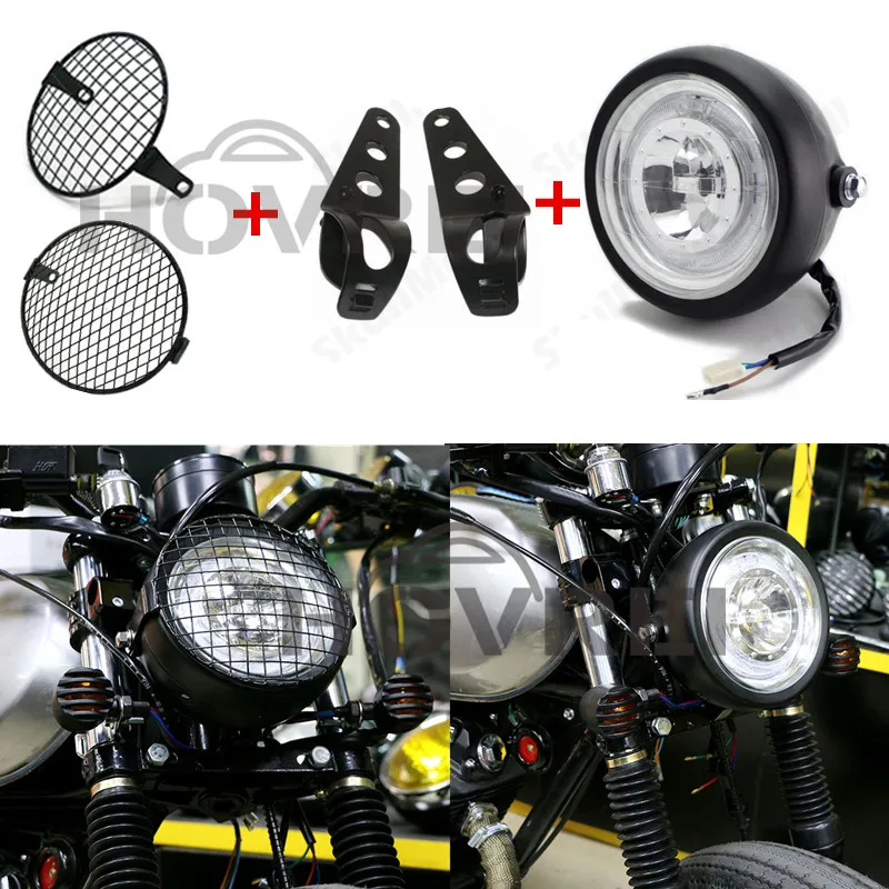 6.5" Retro Motorcycle Led Headlight Grill Mask Head Light Blue Angel