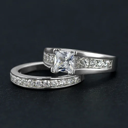 Genuine 925 Sterling Silver Wedding Engagement His Her Wedding Ring Sets 2pcs (JewelOra Ri100499)
