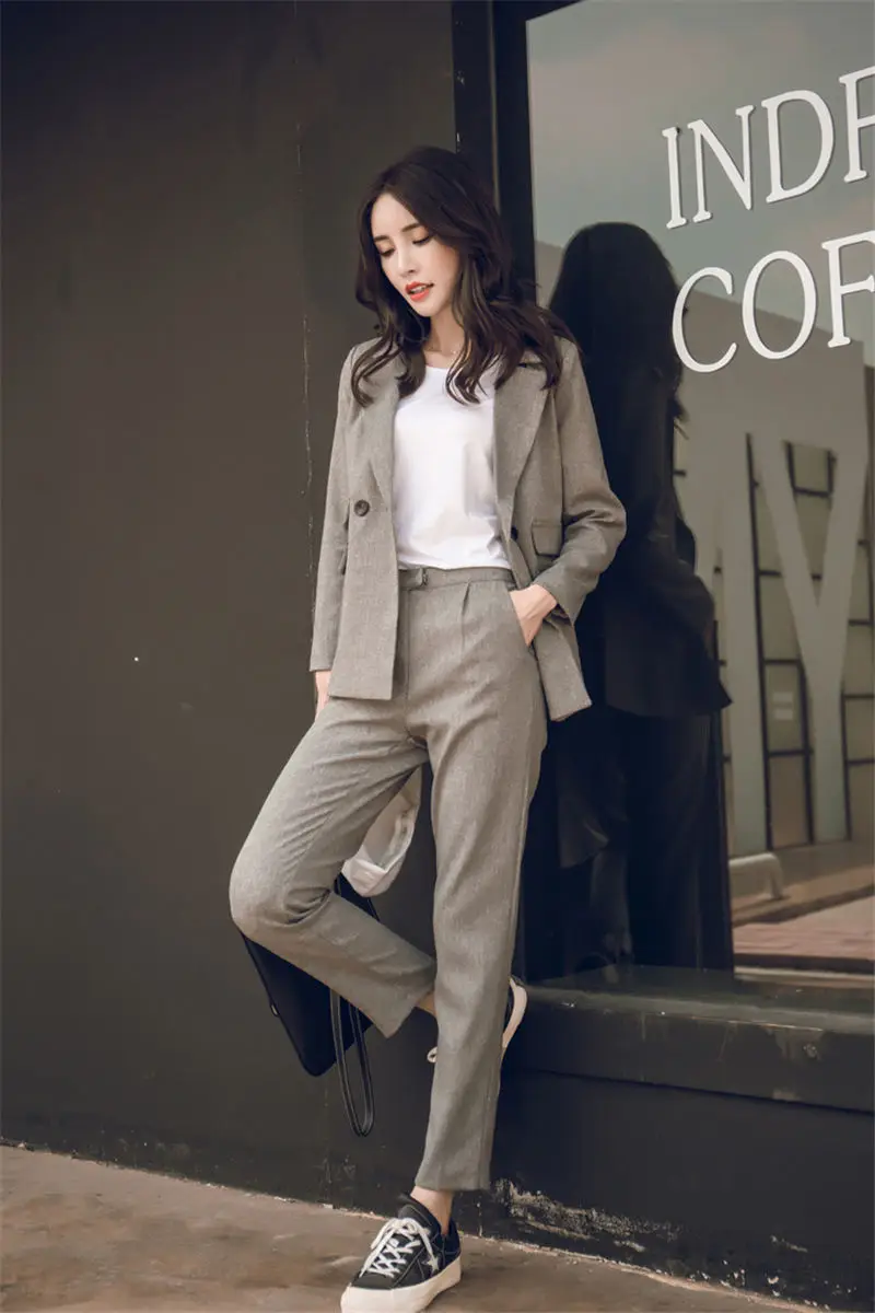 Женский костюм, Серый Повседневный Блейзер и брюки с высокой талией, офисный женский пиджак, брючный костюм, корейский женский комплект из 2 предметов - Цвет: grey