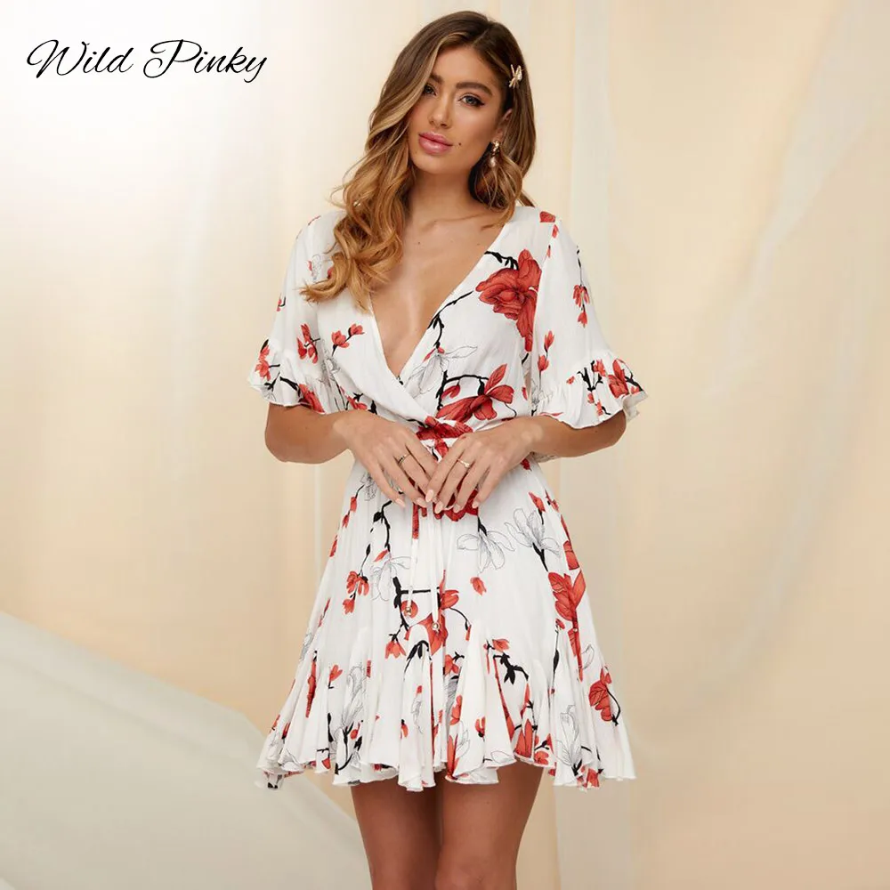 Женское платье с цветочным принтом WildPinky Летнее мини из шифона коротким рукавом и