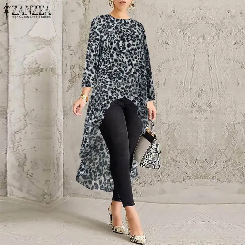 

2019 ZANZEA Autumn Long Sleeve Tunic Tops Women Casual Blouse Fashion Sexy Leopard Printed Party Irregular Shirts Female Blusas