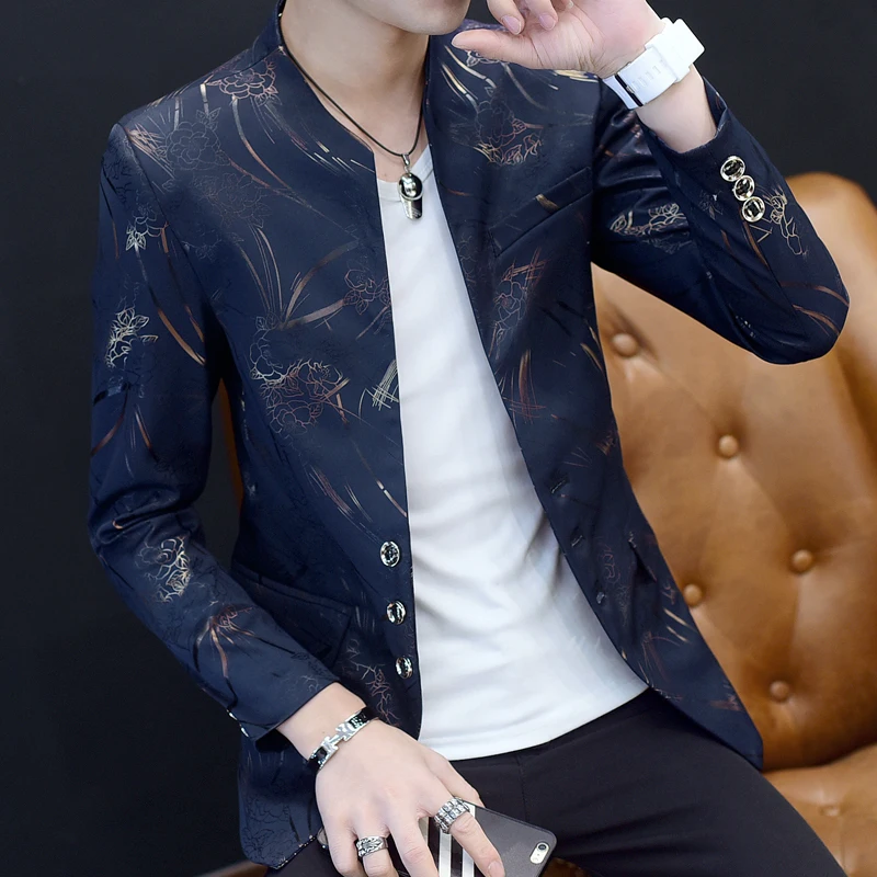 7816 navy TANG мужской блейзер с цветочным принтом мандарин Slim Fit мужской костюм китайский воротник костюм куртка Золотой принт Клубные вечерние пиджак для выпускного Плюс Размер 6xl - Цвет: 7816 navy