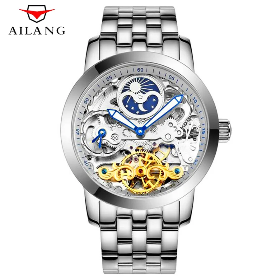 AILANG Skeleton Tourbillon модные повседневные дизайнерские механические мужские часы Топ бренд класса люкс автоматические часы мужские часы - Цвет: Blue Siver