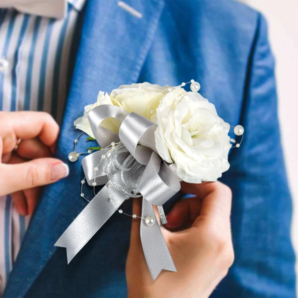 Beautiful Ribbon Boutonnieres Corsage White Rose Silver Grey Corsage for Wedding Party Favor Photo Props