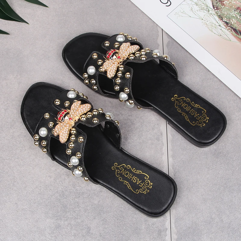 

2019 Women Flip Flops Fashion Solid Color transparent Flat Heel Beads Sandals Outdoor Slipper slip on Beach Shoes For Female